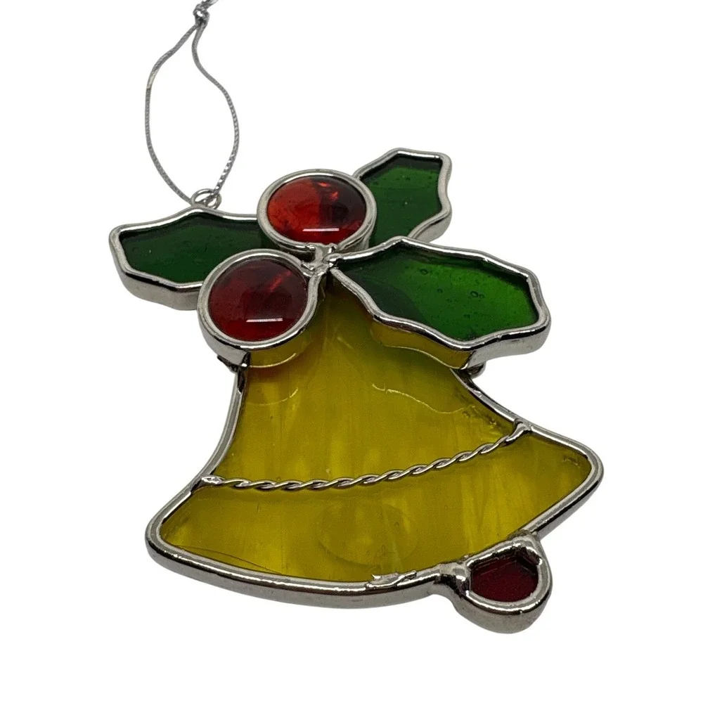Stained Glass Bell Ornament Holly Berries Christmas Tree Decor Festive Red Green